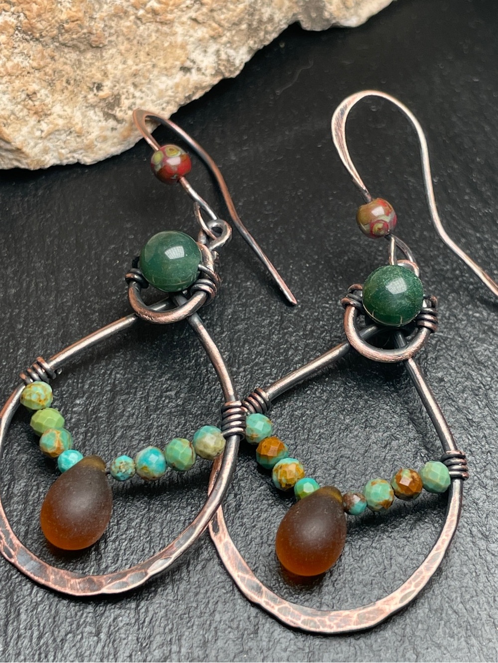 Artisan Made Copper drop Earrings with Moss Agate and Turquoise - Picture 10 of 13